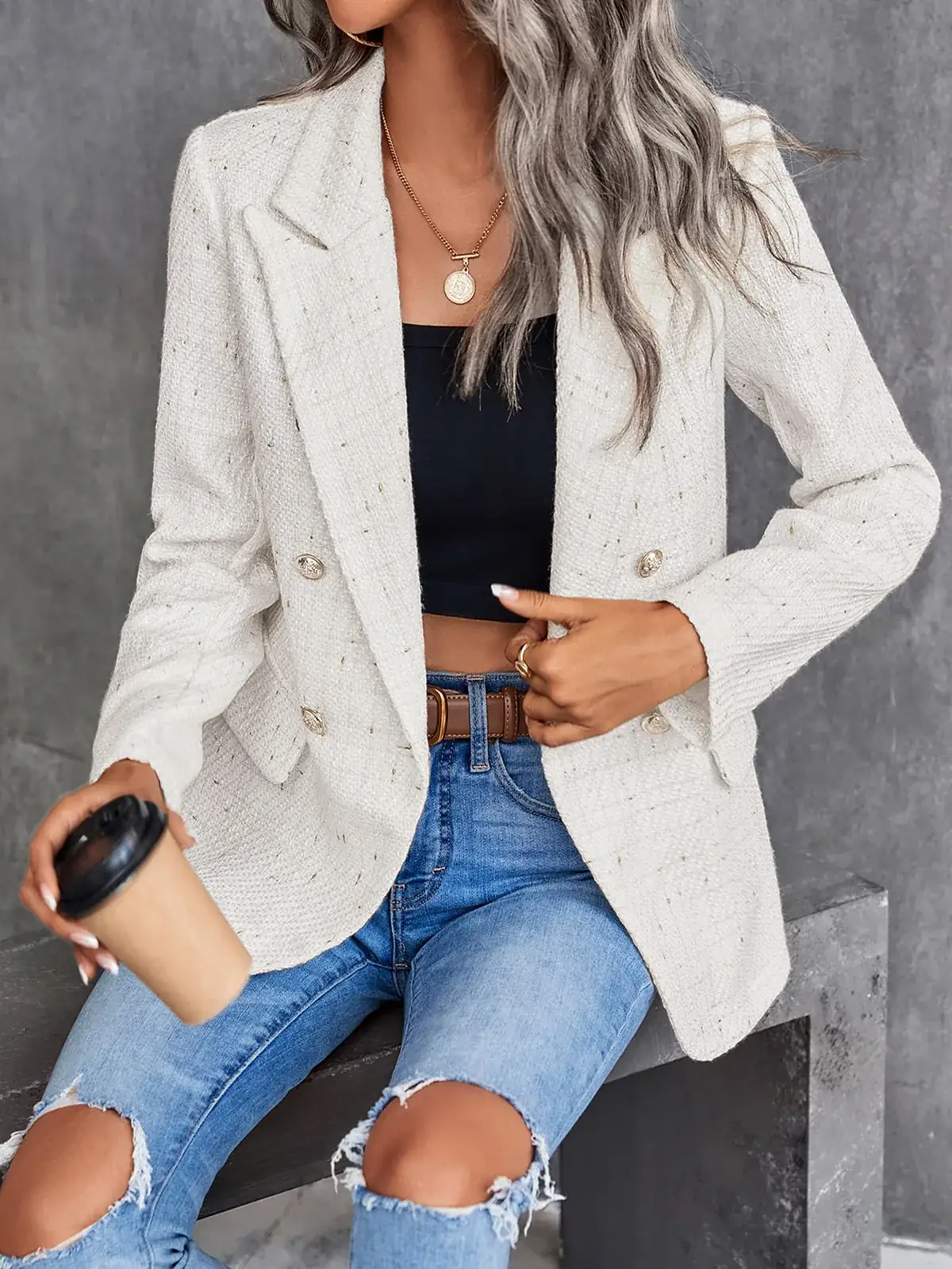 Blazer Tweed Transpassado Cláudia na cor Branco — foto 6 de 6