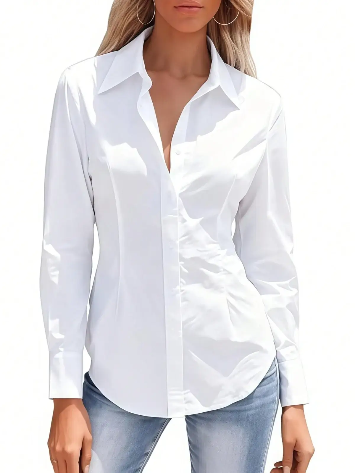 Camisa Slim Gola Franzida Eva na cor Branco — foto 5 de 6