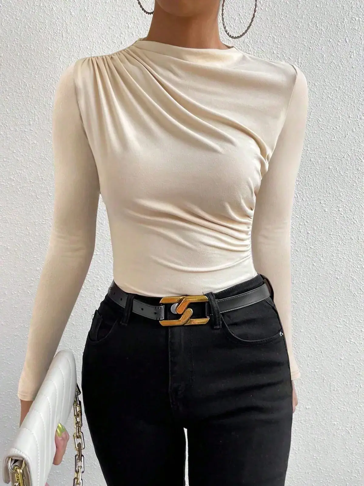 Camiseta Petite Manga Longa Drapeada Dalva na cor Damasco — foto 5 de 6
