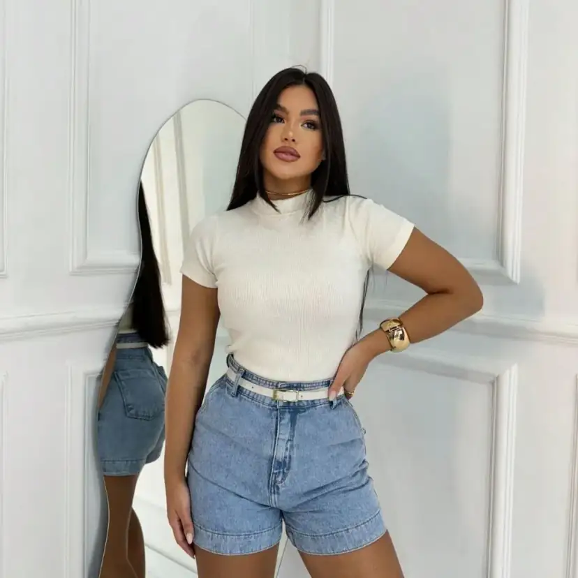 Kit 3 Blusas Caneladas Básicas Alana na cor Marrom/Branco/Preto — foto 4 de 4