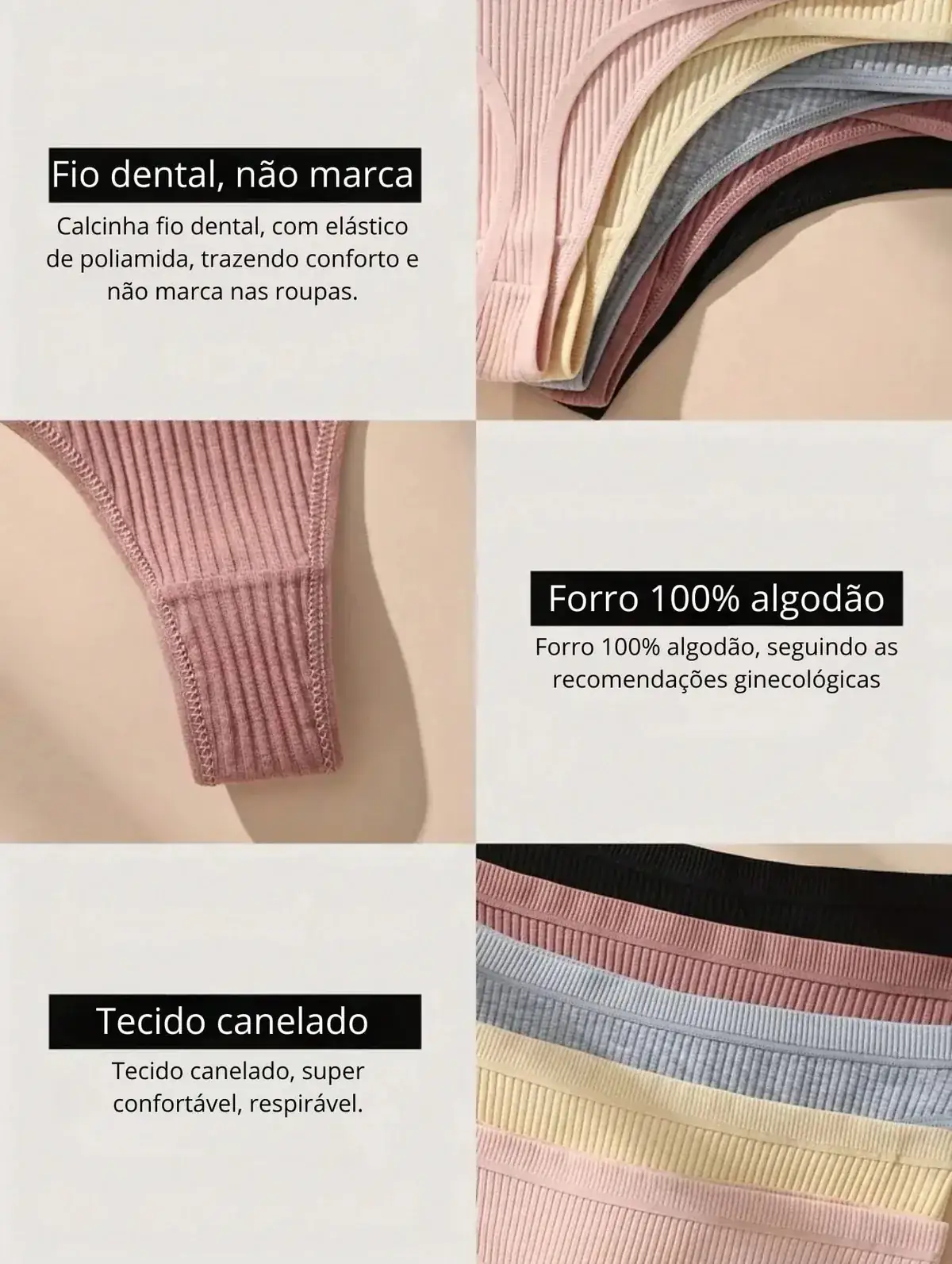 Kit 5 Calcinhas Algodão Fio Dental Canelado na cor Sortida — foto 2 de 4