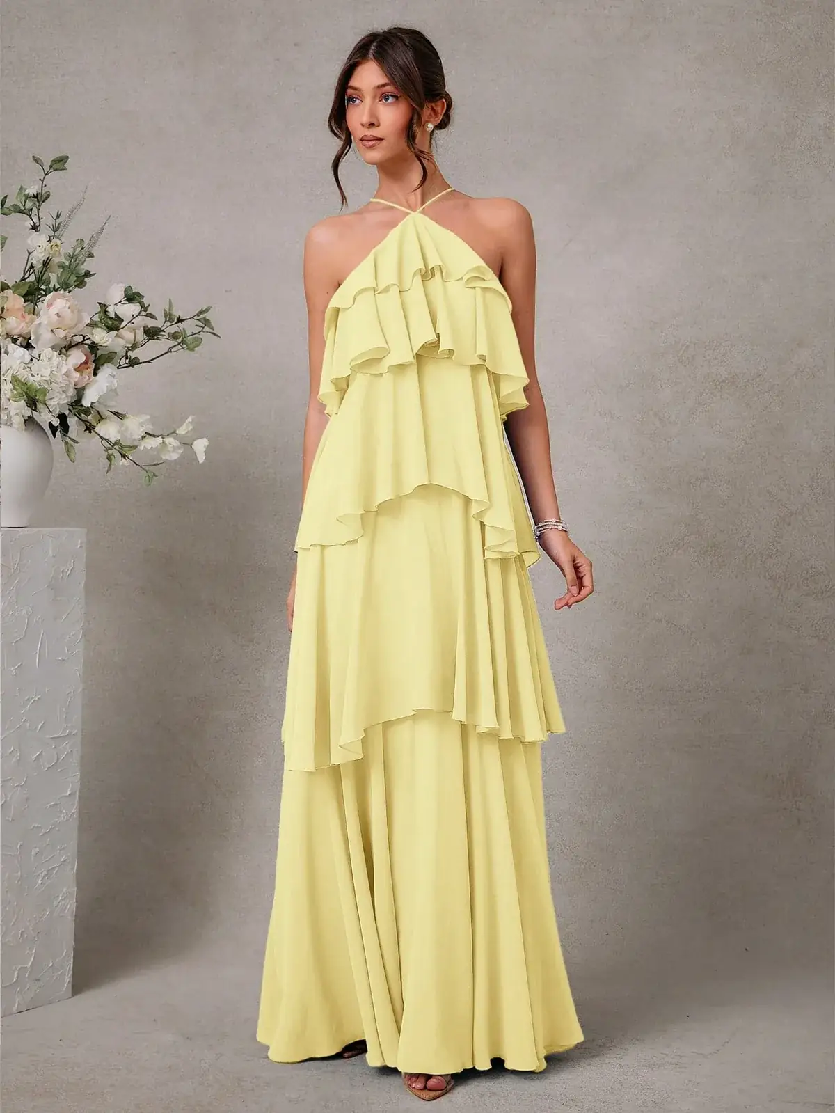 Vestido Longo Frente Única Babados Isabela na cor Amarelo — foto 1 de 5