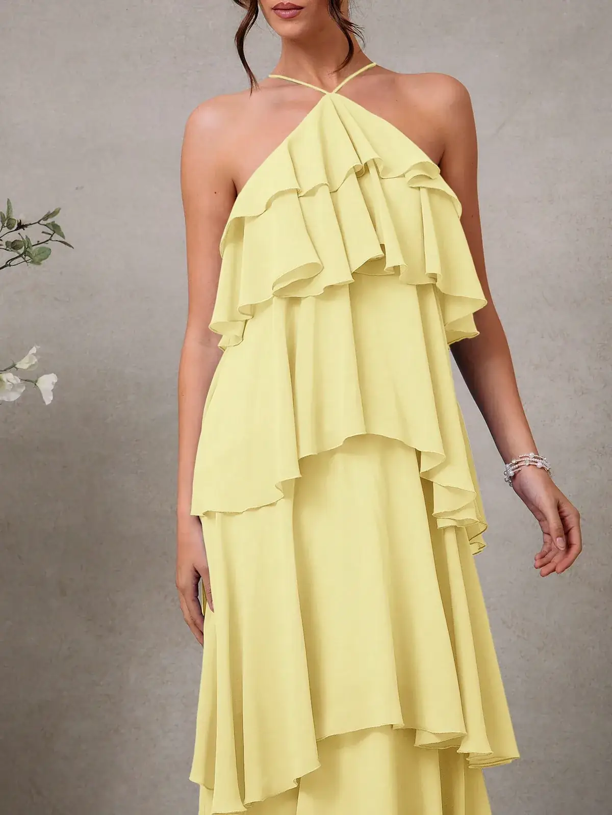 Vestido Longo Frente Única Babados Isabela na cor Amarelo — foto 5 de 5