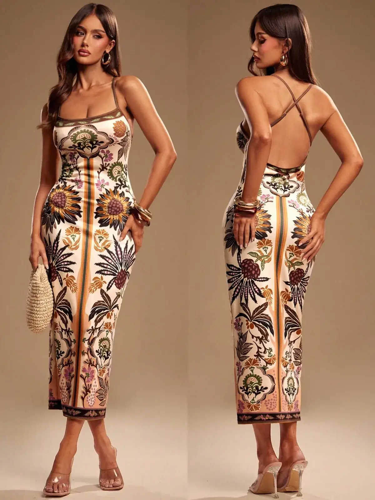 Vestido Longo Justo Estampado Alças Finas Juliana na cor Multicolorido — foto 5 de 5