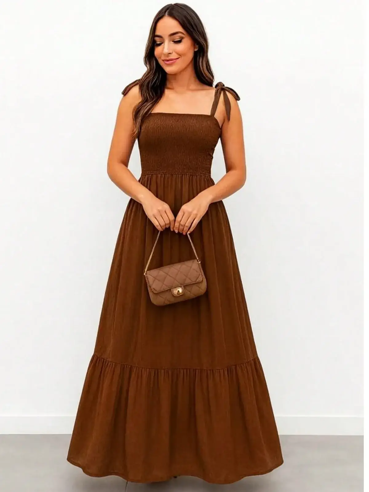Vestido Longo Lastex Alças de Amarrar Daniela na cor Marrom — foto 1 de 2