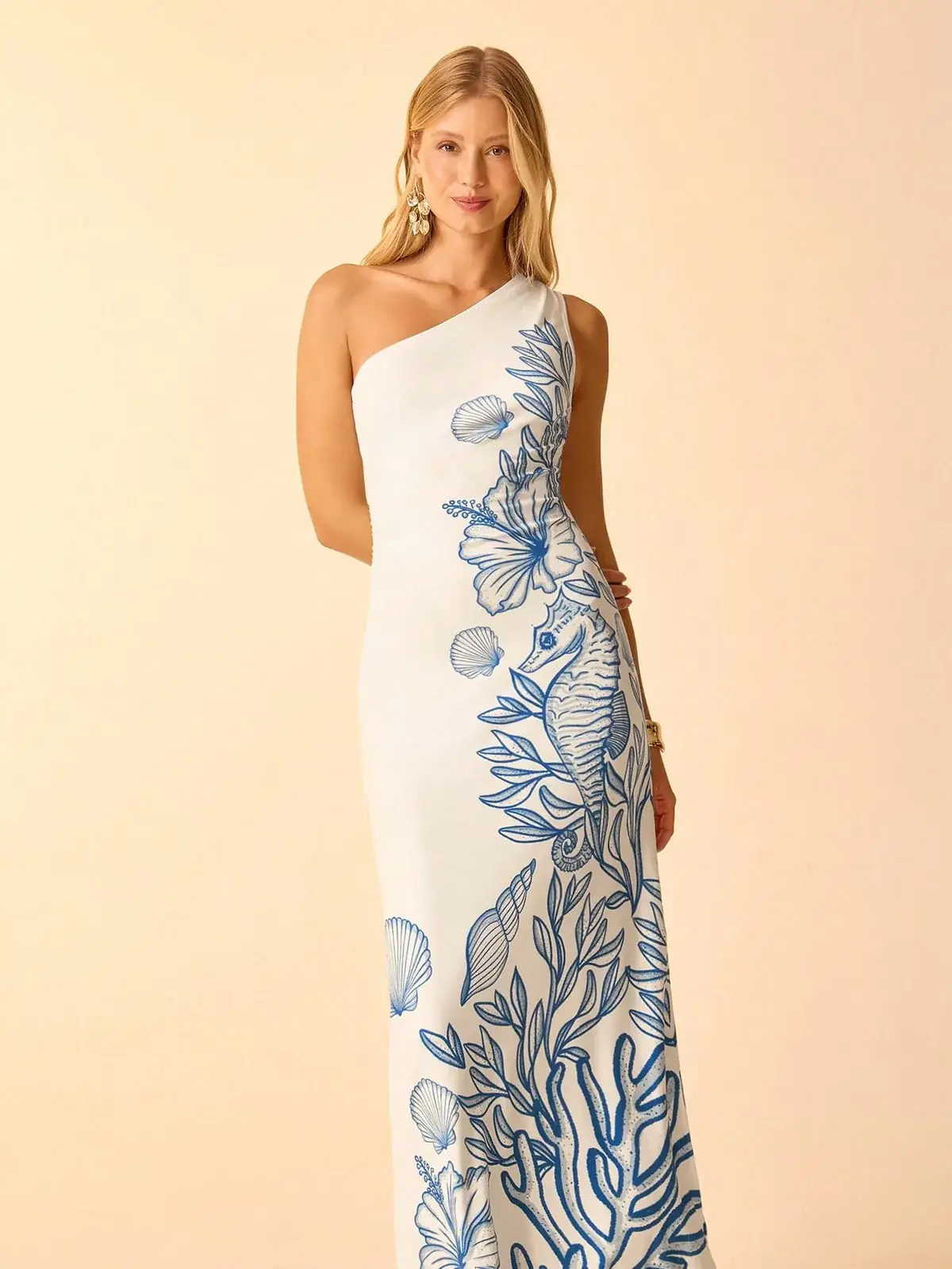 Vestido Longo Um Ombro Estampa Marinha Larissa na cor Azul e Branco — foto 1 de 7