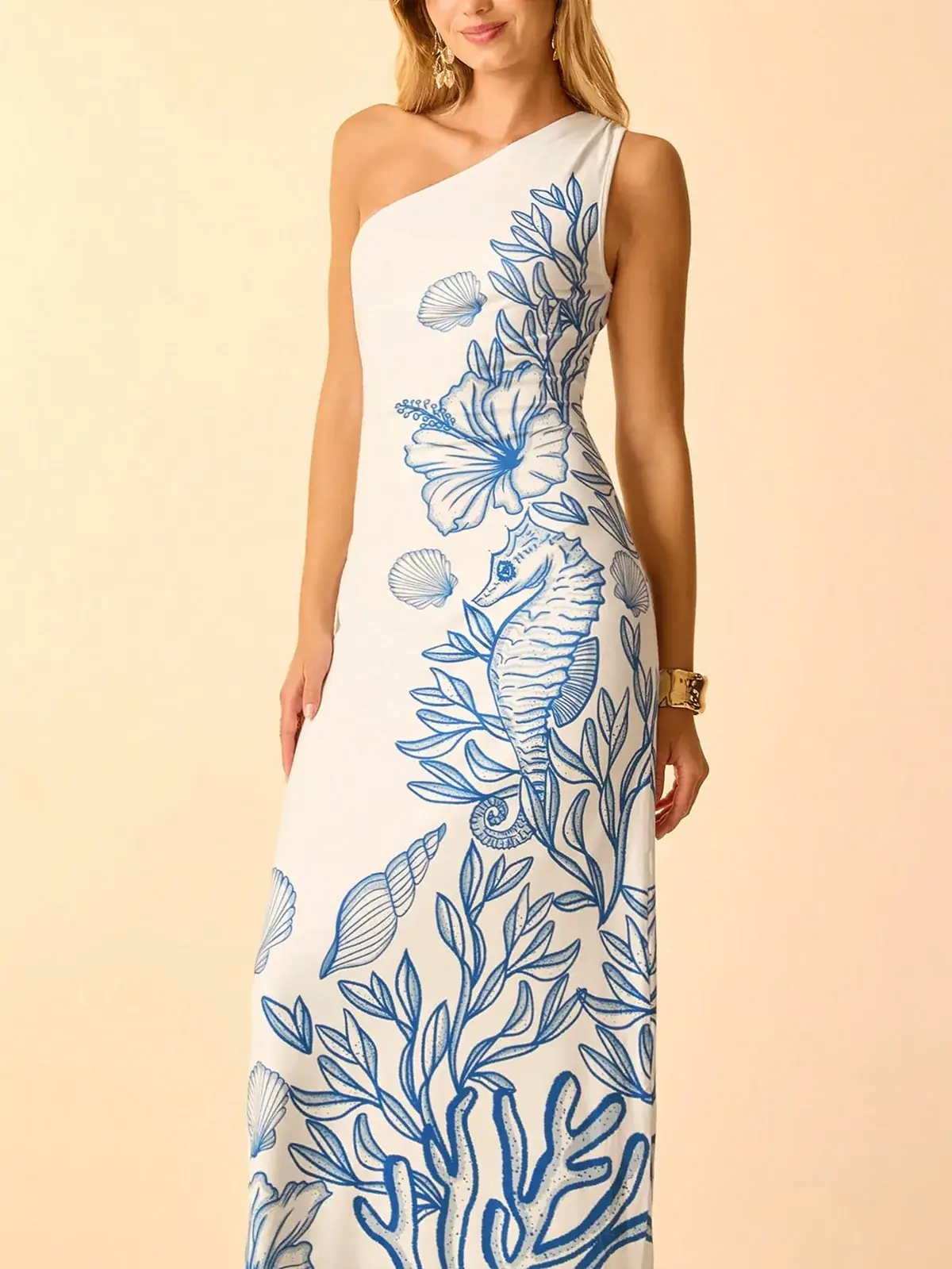 Vestido Longo Um Ombro Estampa Marinha Larissa na cor Azul e Branco — foto 4 de 7
