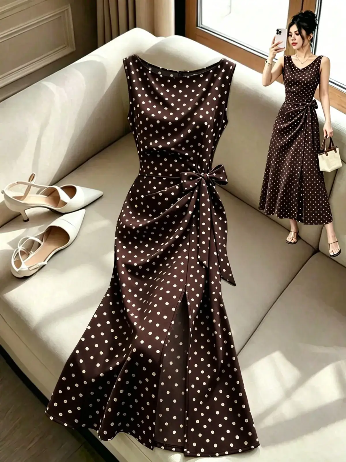 Vestido Midi Poá com Fenda e Amarração Mônica na cor Castanho — foto 1 de 4