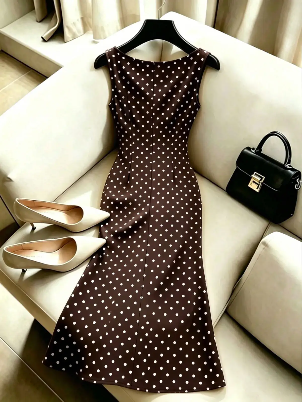 Vestido Midi Poá com Fenda e Amarração Mônica na cor Castanho — foto 2 de 4