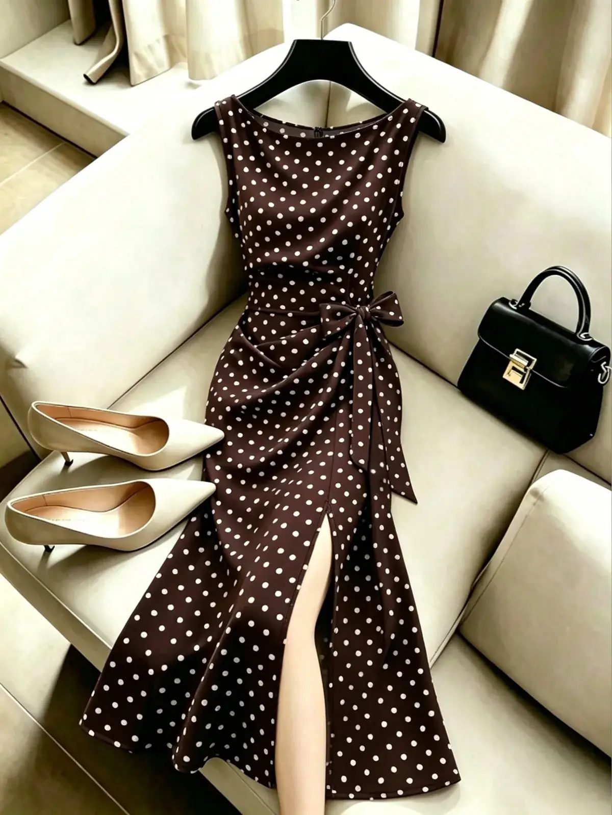 Vestido Midi Poá com Fenda e Amarração Mônica na cor Castanho — foto 4 de 4